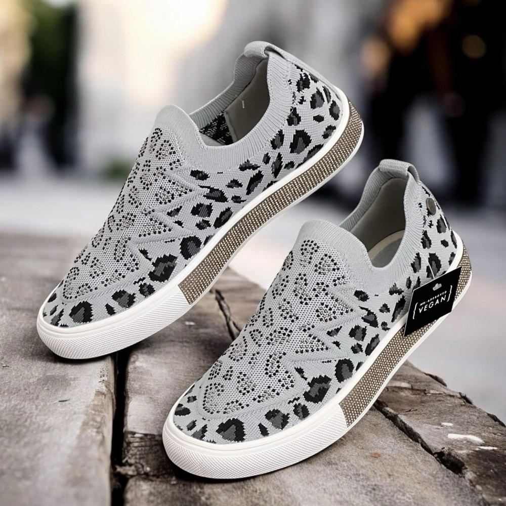 Bernie Mev Slip On Gardenia Sneakers Sz 39 US8 Leopard Light Gray Crystals Vegan
